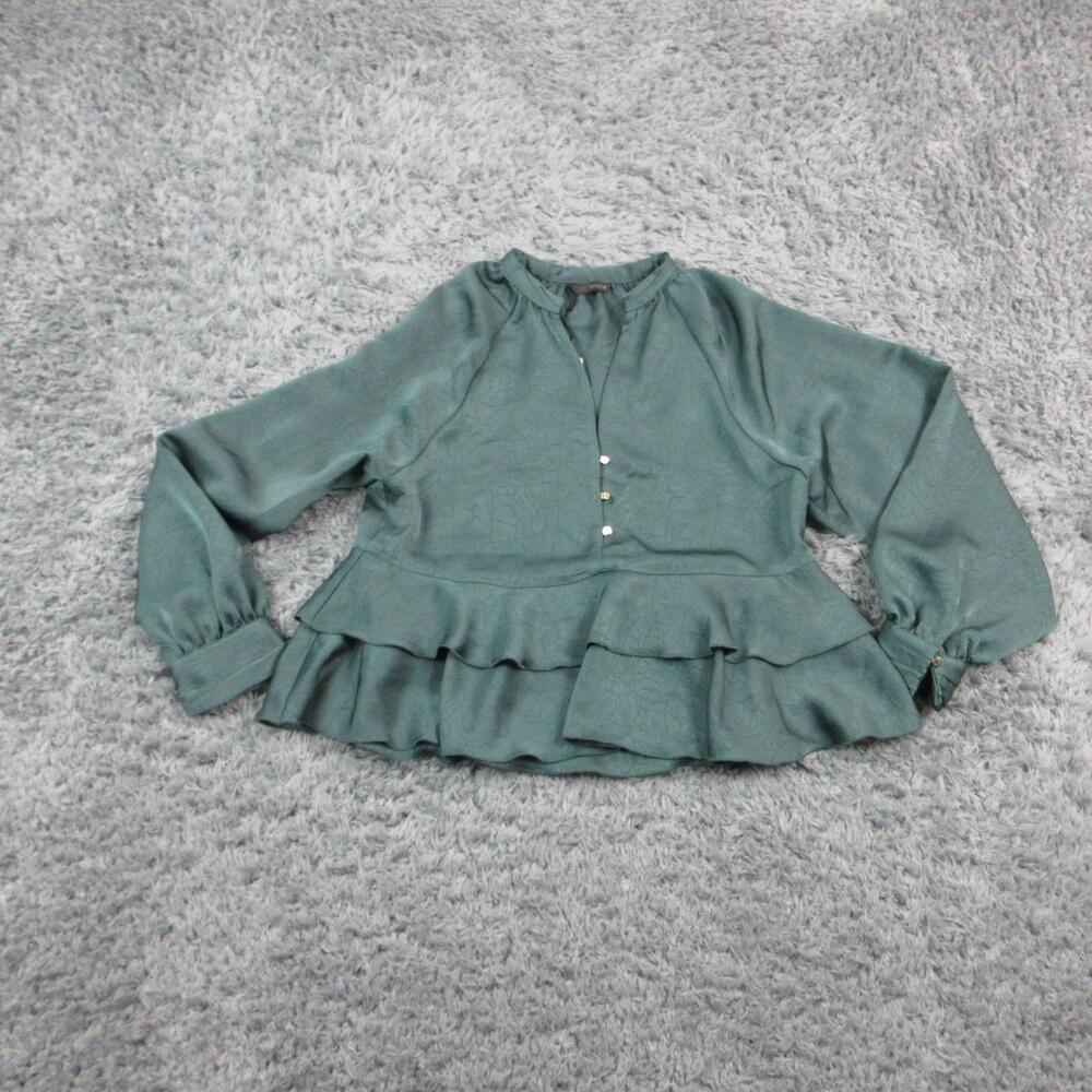 Zara Blouse Womens Small Green V-Neck Long Sleeve Ruffle Button Rayon NWT